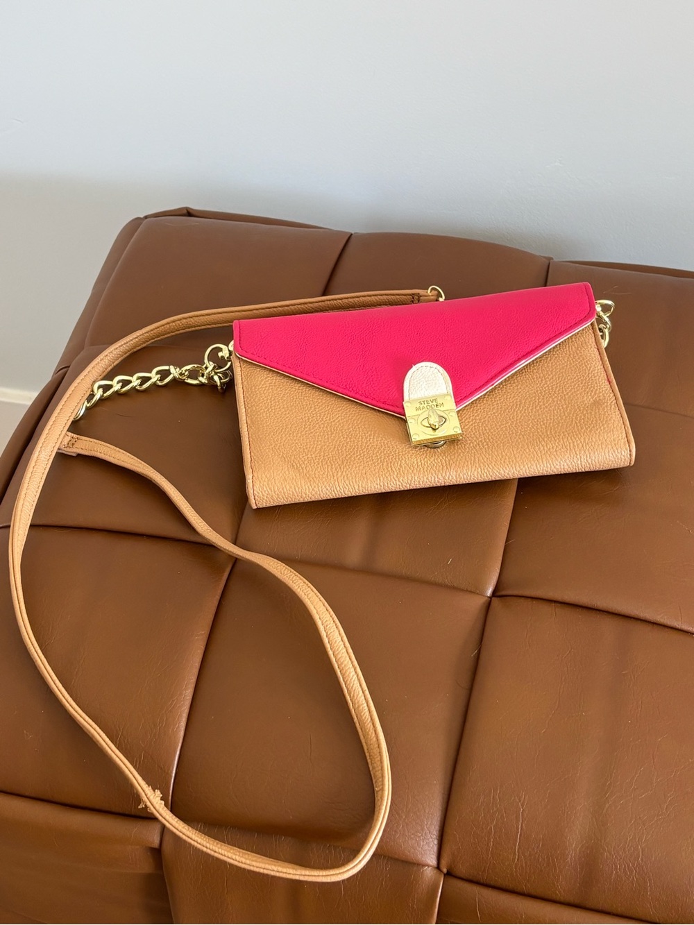 Tan and Hot Pink Envelope Crossbody with Faux Gold Lock
